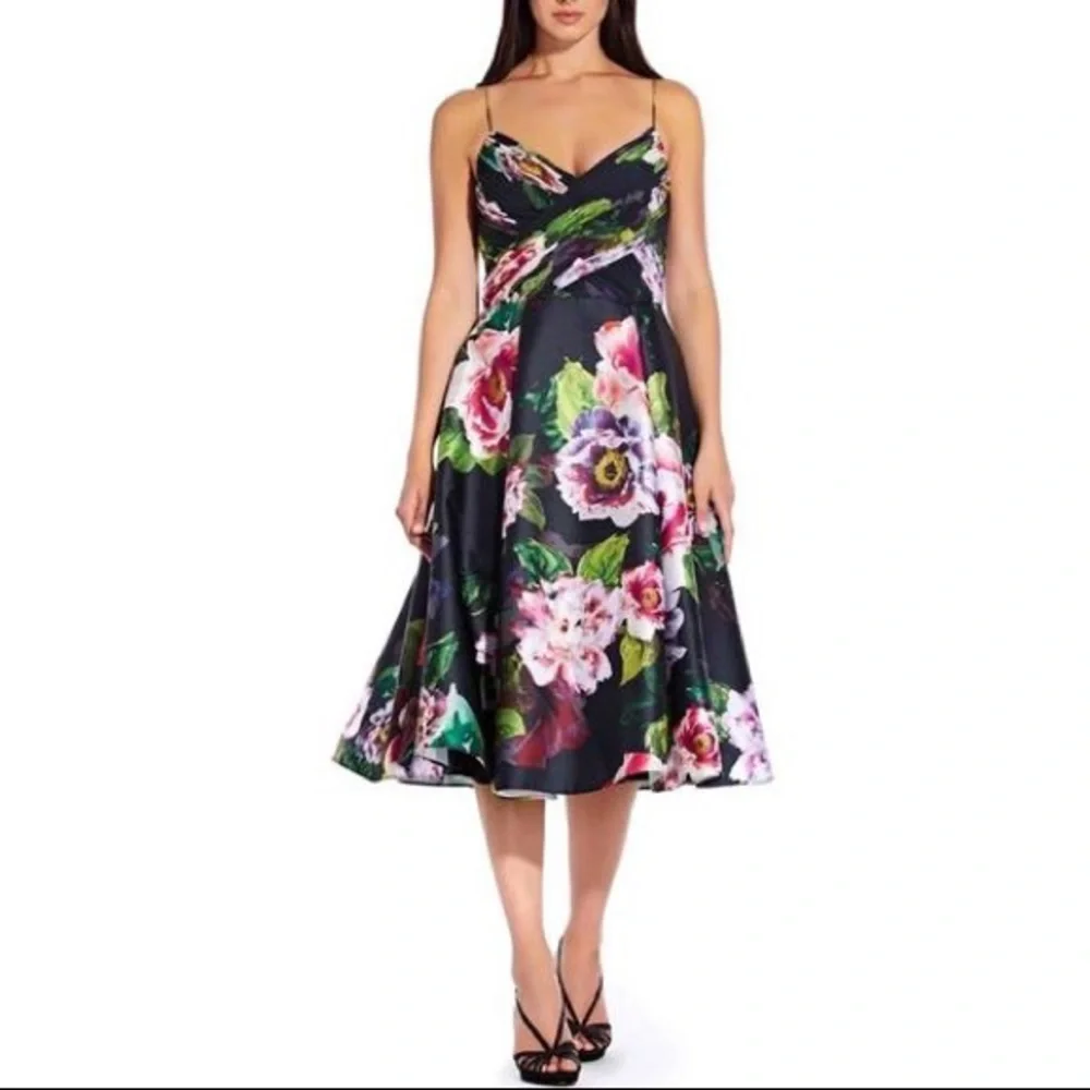 Adrianna Papell Floral Midi Dress - Black and Pink - Picture 1 of 10